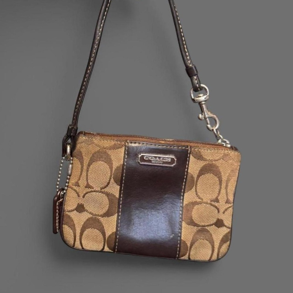 Coach Brown Signature Canvas Wristlet with Dark Brown Leather Trim